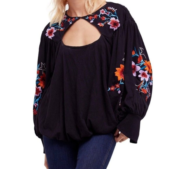 Free People Tops - Free People Black Floral Embroidered Bubble Top